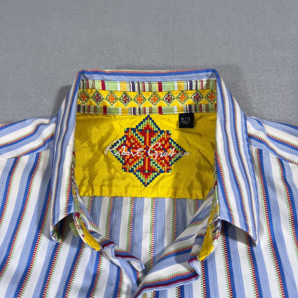 Robert Graham Flip Cuff aztec stitch Shirt Mens XL Striped Long Sleeve Button Up